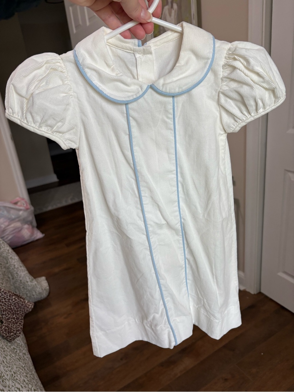 Lullaby Set Girls White Corduroy Dress 2T Blue Piping Peter Pan Collar